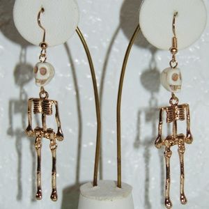 Gold Tone Dangle Skeleton Earrings